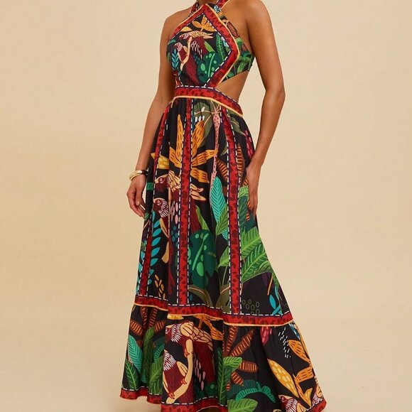 Black Boho Women's Palm Tree Print Strapless Hollow Out Dress - Picture 4 of 6